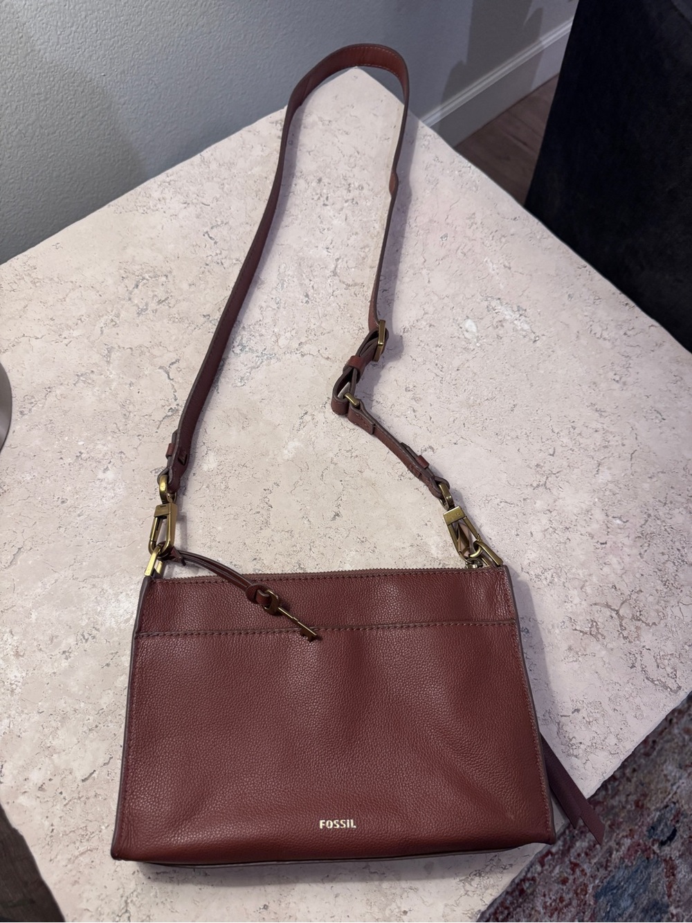 Fossil Leather Crossbody Bag, Cognac Brown, Pebbled Leather, with Brass Hardware - Picture 2 of 13